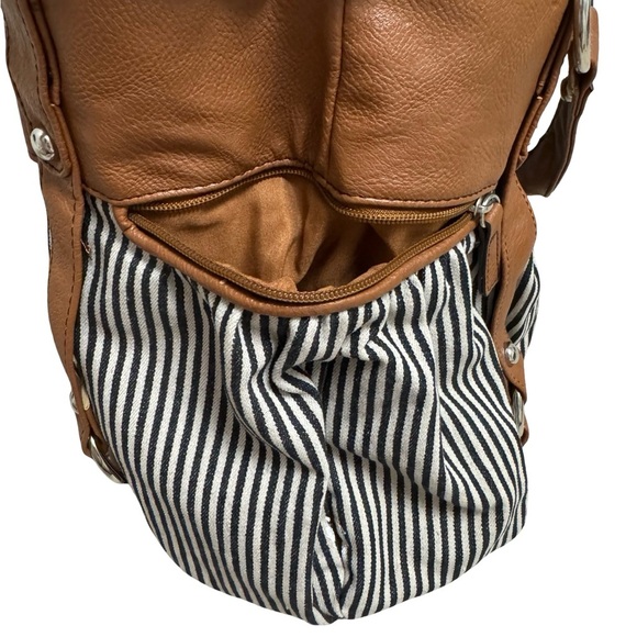 Call It Spring Brown Faux Leather & Striped Canvas Tote Bag - Picture 6 of 8